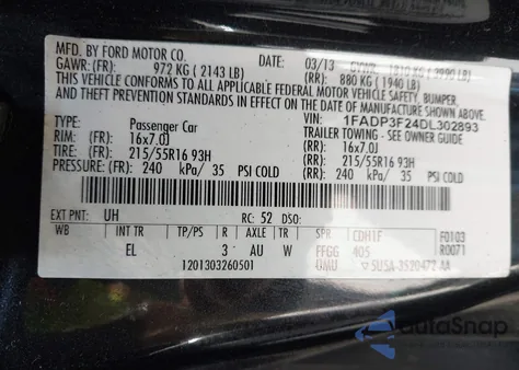 2013 Ford Focus Se z USA, uszkodzony, nr VIN 1FADP3F24DL302893